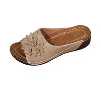 Sandales d'été pour femme - Avec fleurs - Sandales compensées à enfiler - Bout ouvert - Sandales compensées - Légères et confortables - Respirantes, beige, 36 EU