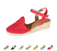 Sandales d'été pour femme avec semelles compensées en spartum Pelle fermée en jute Fermeture à boucle Chaussures confortables habillées décontractées avec plateforme légère Idéal pour fleurs, mariage