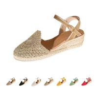 Sandales d'été pour femme avec semelles compensées en spartum Pelle fermée en jute Fermeture à boucle Chaussures confortables habillées décontractées avec plateforme légère Idéal pour fleurs, mariage