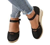Sandales d'été pour femme - Boucle Espadrille - Plateforme - Sandales compensées - Mode polyvalente - En lin tressé - Chaussures respirantes - Bout rond fermé - Sandales de loisirs, Noir , 39 EU