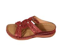 Sandales d'été pour femme - Confortables - À enfiler - Avec strass - Sandales compensées avec sangle croisée - Légères - Plates et creuses - Pour l'extérieur, rouge, 36 EU