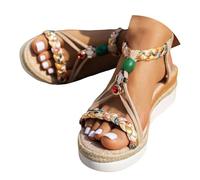 Sandales d'été pour femme - Confortables - Légères - Espadrilles compensées - Semelle en jute - Lacets à la cheville - Sangle de cheville réglable - Style décontracté bohème classique, beige, 43 EU