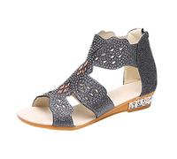 Sandales d'été pour femme - Grand talon moyen - Strass - Fermeture éclair dans le dos - Style décontracté, 1 noir, 38.5 EU
