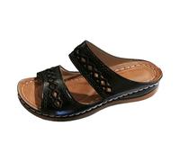 Sandales d'été pour femme - Sandales décontractées à bout ouvert - Brodées - Talon compensé pour un usage quotidien - Chaussures confortables à enfiler - Chaussures pour femme - Argenté, Noir , 42 EU