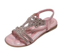 Sandales d'été pour femmes basses élégantes Bohème Sandales à strass confortables plates antidérapantes Sandales ouvertes pour la cérémonie douce de plage respirante style romain, rose, 40 EU