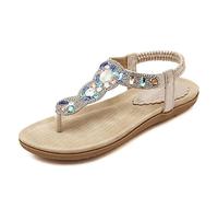 Sandales d'Été pour Femmes T Străp Chaussures Basses Compensées Sandales Tongs Casual Bandeau Élastique Fleur Strass Chaussures Femme Sandales Femme