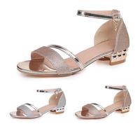 Sandales d'été tendance pour femme - Paillettes fines - Couleur vive - Boucle de crochet - Sangle de cheville antidérapante - Bout ouvert - Talon bas et épais - Sandales de scène, fête, voyage, plage
