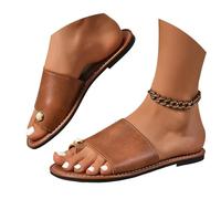 Sandales Élégantes À Séparateur D'orteils Avec Perles Pantoufles À Clip -Toe for Femmes Tongs Plates En Cuir PU Chaussons D'été À Bout Ouvert Chaussures De Plage Leisure Bohemia 2025(Brown,40 EU)