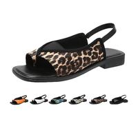 Sandales élégantes et confortables avec soutien de la voûte plantaire pour femme pour une utilisation toute la journée Noir Sandales plates Summe Bout ouvert Chaussures décontractées, imprimé léopard