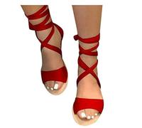 Sandales élégantes pour femme - Corde plate - Taille creuse - Grandes bretelles - Bout romain ouvert - Réglable - Chaussures plates pour semelles intérieures - Chaussures à lacets, rouge, 40 EU