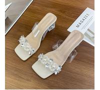 Sandales en cristal transparent pour femme - Confortable - Respirant - Bout carré - Couleur unie - Mode - Beige 38