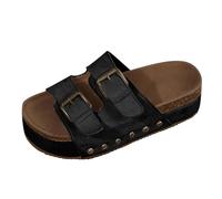 Sandales en Cuir avec Semelle en Liège Mules Femme Cuir Liège Naturel Boucle Réglable Semelle EVA Antidérapante Sandales de Qualité Bout Ouvert Cuir Été Plates Femme Plateforme Chaussures (Black, 40)
