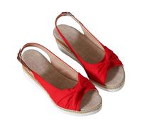 Sandales en Cuir Espadrilles Compensées avec Nœud sur Tricot - Bout Ouvert à Bride Arrière - Sangle de Cheville - Respirantes et Confortables pour la Plage