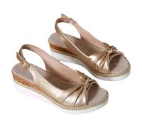Sandales en cuir pour femme - Espadrilles compensées avec nœud sur tricot - Bout ouvert - Sandales à bride arrière - Sangle de cheville - Sandales de plage respirantes et confortables, doré, 39 EU
