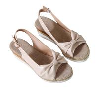 Sandales en cuir pour femme - Espadrilles compensées avec nœud sur tricot - Bout ouvert - Sandales à bride arrière - Sangle de cheville - Sandales de plage respirantes et confortables, beige, 41 EU
