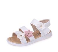 Sandales en cuir pour fille - Chaussures d'été - Sandales à fleurs - Sandales de plage - Sandales décontractées - Semelle en caoutchouc - Chaussures plates pour enfant, Blanc., 28 EU