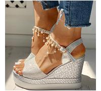Sandales Espadrilles À Plateforme avec Bride À la Cheville,Sandales compensées pour dames, chaussures pour femmes à plateforme à bout ouvert, argent, 40,Femmes D'été Wedge Sandales à plateforme