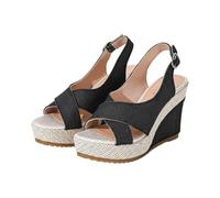 Sandales espadrilles à plateforme tendance pour femme, bout ouvert et bride cheville réglable, semelle en corde naturelle et caoutchouc antidérapant, parfaites pour les sorties estivales (Black, 43)