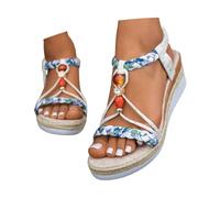 Sandales espadrilles bohèmes à plateforme pour femme, bride cheville perlée, bout ouvert, semelle en corde tressée, chaussures d'été décontractées pour tenues légères et festivals (White, 36)
