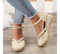 Sandales espadrilles compensées à bout fermé pour femme, sandales à talon bas, sandales d'été à talon plat, sangle de cheville et bride arrière large