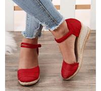 Sandales espadrilles compensées à bout fermé pour femme, sandales à talon bas, sandales d'été à talon plat, sangle de cheville et bride arrière large