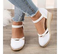 Sandales espadrilles compensées à bout fermé pour femme, sandales à talon bas, sandales d'été à talon plat, sangle de cheville et bride arrière large