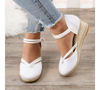 Sandales espadrilles compensées à bout fermé pour femme, sandales à talon bas, sandales d'été à talon plat, sangle de cheville et bride arrière large