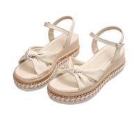 Sandales espadrilles compensées pour femme avec nœud papillon et sangle de cheville à bout ouvert - Chaussures de marche confortables pour les vacances, la plage, les fêtes, beige, 38.5 EU