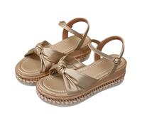 Sandales espadrilles compensées pour femme avec nœud papillon et sangle de cheville à bout ouvert - Chaussures de marche confortables pour les vacances, la plage, les fêtes, doré, 37.5 EU