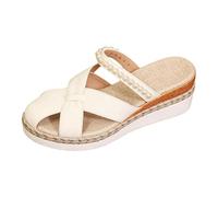 Sandales espadrilles plates pour femme avec perles ornées de perles et sangle croisée à bout ouvert tressé compensé Chaussures de marche d'été décontractées, beige, 37.5 EU