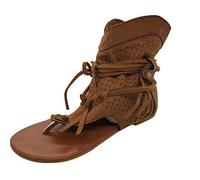 Sandales et claquettes rétro pour femme - Bas creux décontracté - Tendance - Sandales plates à pompons, marron, 40 EU