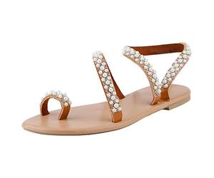 Sandales et Mules Femmes Été Confortable Pantoufles Bottes Mi-mollet Sans Talon Pearl sexy chaussures mode femmes Crystal à semelles plates sandales occasionnelles d'été pour Chaussures(Brown, 39)