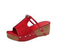 Sandales et Mules pour Femmes Été Confortable Pantoufles Bottine Cuir Noir Cowboy Sandales confortables à enfiler pour femmes, chaussures décontractées à plateforme, talon compensé, bout(Red, 40)