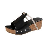Sandales et Mules pour Femmes Été Confortable Pantoufles Bottine Cuir Noir Cowboy Sandales confortables à enfiler pour femmes, chaussures décontractées à plateforme, talon compensé, bout(Black, 42)