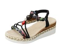 Sandales Femme à Perles Bohème - Tressage Artisanal, Motifs Floraux Multicolores, Bout Ouvert et Bride Arrière Élastique, Semelle Jute pour Confort, Idéales pour Robes Été et Shorts en Jean