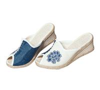 Sandales Femme Compensées été Bouche De Poisson Ethnique Brodée en Lin Espadrille Slip on Pantoufles Rétro Confortable Bouche de Poisson Sandales 34