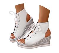 Sandales Femme Cuir Confortable Orthopédiques Été Sandales d'été Pour Femmes Style Européen et Américain à Bout Ouvert à Lacets Sur Le Devant Grande Taille Chaussures Été Femme (White 36)