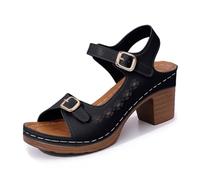 Sandales Femme Élégantes Style Rétro À Talon Épais À Effet Bois Sandales D'Été en Cuir PU Tendance Et Décontractées Claquettes De Voyage Boucle Réglable Confortables Résistants Tenues D'Été