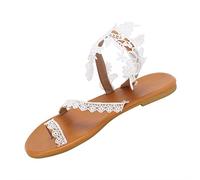Sandales Femme Été Claquettes Mules Chaussures Plage Mariage Blanc | Dentelle Fleurs Entredoigt Plat Confortable Bohème Romain Chic Décontracté Vacances Soirée Marche Mode Tongs