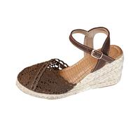 Sandales Femme Été Compensées Confortable Blanches Sandales Espadrilles Brodées pour Femmes,À Bride Cheville,Bout Fermé Et Plateforme,Chaussures D'Été Chaussure Femme Compensée Sandale (Coffee,35)