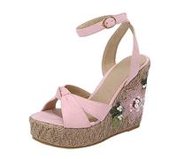 Sandales Femme Été Compensées Pieds Larges Confort 2023 Été Nouvelle Édition Coréenne Sandales À Talons Inclinés Imitation Herbe Tissage Semelle Épaisse Plate Chaussures D'Éé Femme (Pink,41)