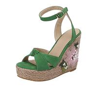 Sandales Femme Été Compensées Pieds Larges Confort 2023 Été Nouvelle Édition Coréenne Sandales À Talons Inclinés Imitation Herbe Tissage Semelle Épaisse Plate Chaussures D'Éé Femme (Green,37)