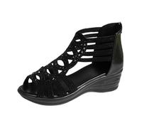 Sandales Femme Été Compensées Strass Bout Ouvert Grandes Tailles Fermeture Éclair Bouche de Poisson Sandales Romaines Confortables Legeres (Black, 41)