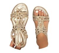 Sandales Femme Été Confortable Nu Pieds T-Strap Bride Élastique Cheville Ouvert Bout Chaussure Plage Strass Cristal Florals Casual Femmes Habillées Plat Fleur Cuir Bohème