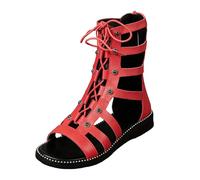 Sandales femme été confortable Sandales plates ajourées pour femmes, lacets, avec fermeture éclair l'arrière et laçage sur le devant, montantes jusqu'au mollet. Bohême Perle Cuir Chaussures (Red, 36)