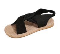 Sandales Femme Noir Tissé Nœud Élastique Découvert Semelle Plate Jute Semelles Chaussures Confort - Chaussures Femme Été Espadrilles Confort Plage Léger Marche Extérieur