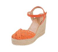 Sandales Femme Semelle Compensée Bord Tressé Bout Fermé Avant Ajouré à Motif Dentelle Florale Bride Arrière avec Bride Cheville à Boucle Réglable Espadrilles Décontractées pour Sortie Vacances