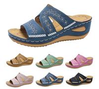 Sandales Femmes été Confortable Mules Orthopédiques en Cuir pour Femme Sandales Mode Bout Ouvert Compensées Plateforme Pantoufles Premium Vintage Chaussons de Plage d'été Taille Femmes (A011-Blue, 35)