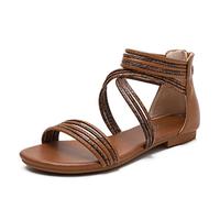 Sandales Femmes Gladiateur Bohèmes Zippés Confortables Romaines Chaussures Plage Cuir PU Vintage Mode Plate Taille 35-41 (41,Marron)