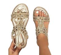 Sandales Femmes Habillées D'été Plat Strass Fleur en Cuir Bohème Sandales T-Strap Élastique Bride À La Cheville Bout Ouvert Chaussures De Plage Cristal Floral Casual Chaussures (Or, 42)
